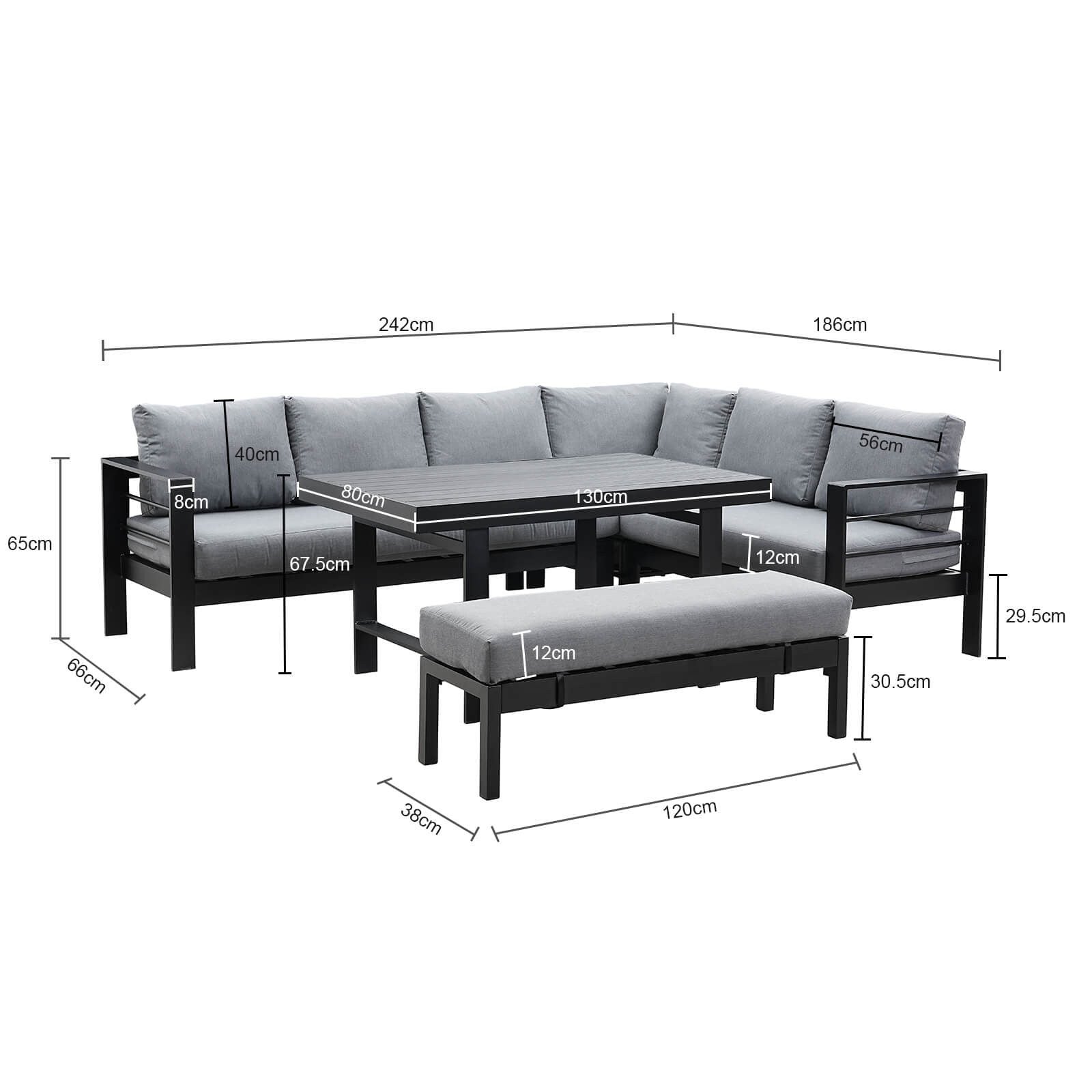 MeXo Gartenlounge - Set Ecklounge Outdoor 6 - 8 personen, (Gartenmöbel Set Aluminium, Loungegruppen mit 3 Ecksofas, 1 Bank, 1 Esstisch), Gartenlounge Set wetterfest Sitzgruppe Essgruppe Garnitur - MeXo - Home