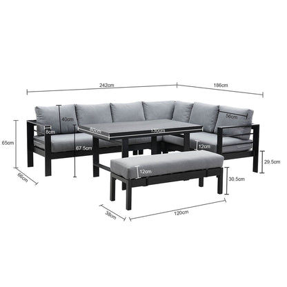 MeXo Gartenlounge - Set Ecklounge Outdoor 6 - 8 personen, (Gartenmöbel Set Aluminium, Loungegruppen mit 3 Ecksofas, 1 Bank, 1 Esstisch), Gartenlounge Set wetterfest Sitzgruppe Essgruppe Garnitur - MeXo - Home