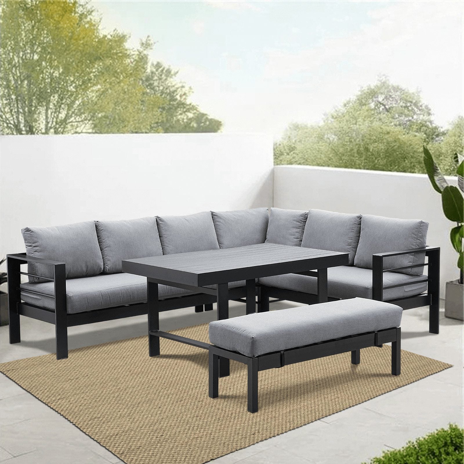 MeXo Gartenlounge - Set Ecklounge Outdoor 6 - 8 personen, (Gartenmöbel Set Aluminium, Loungegruppen mit 3 Ecksofas, 1 Bank, 1 Esstisch), Gartenlounge Set wetterfest Sitzgruppe Essgruppe Garnitur - MeXo - Home