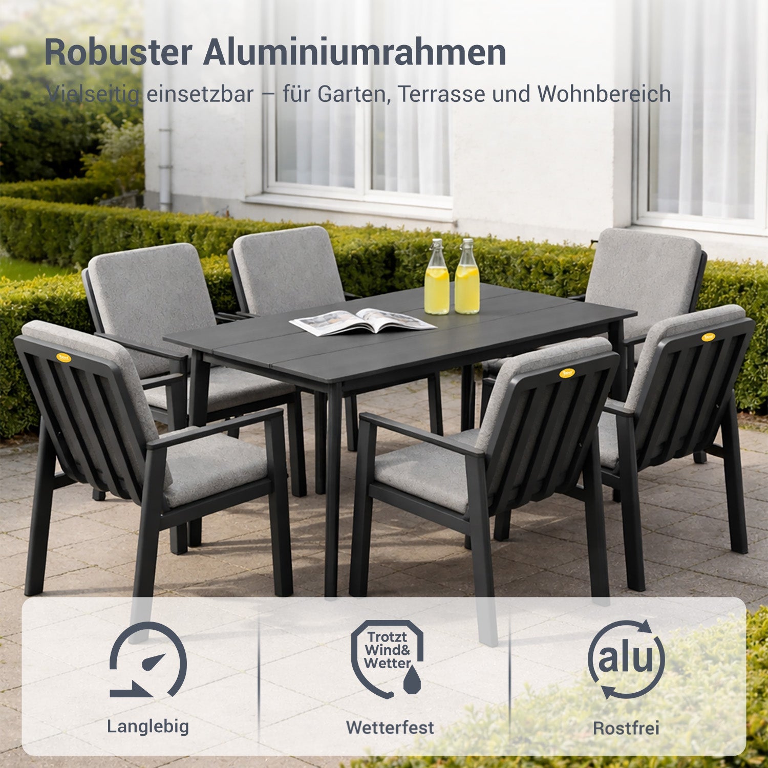 MEXO Gartenlounge - Set Garten Essgruppe für 6 Personen (Gartenmöbel - Set aus Aluminium, 7 - tlg., mit ergonomischen Sesseln inkl. Kissen) - MeXo - Home