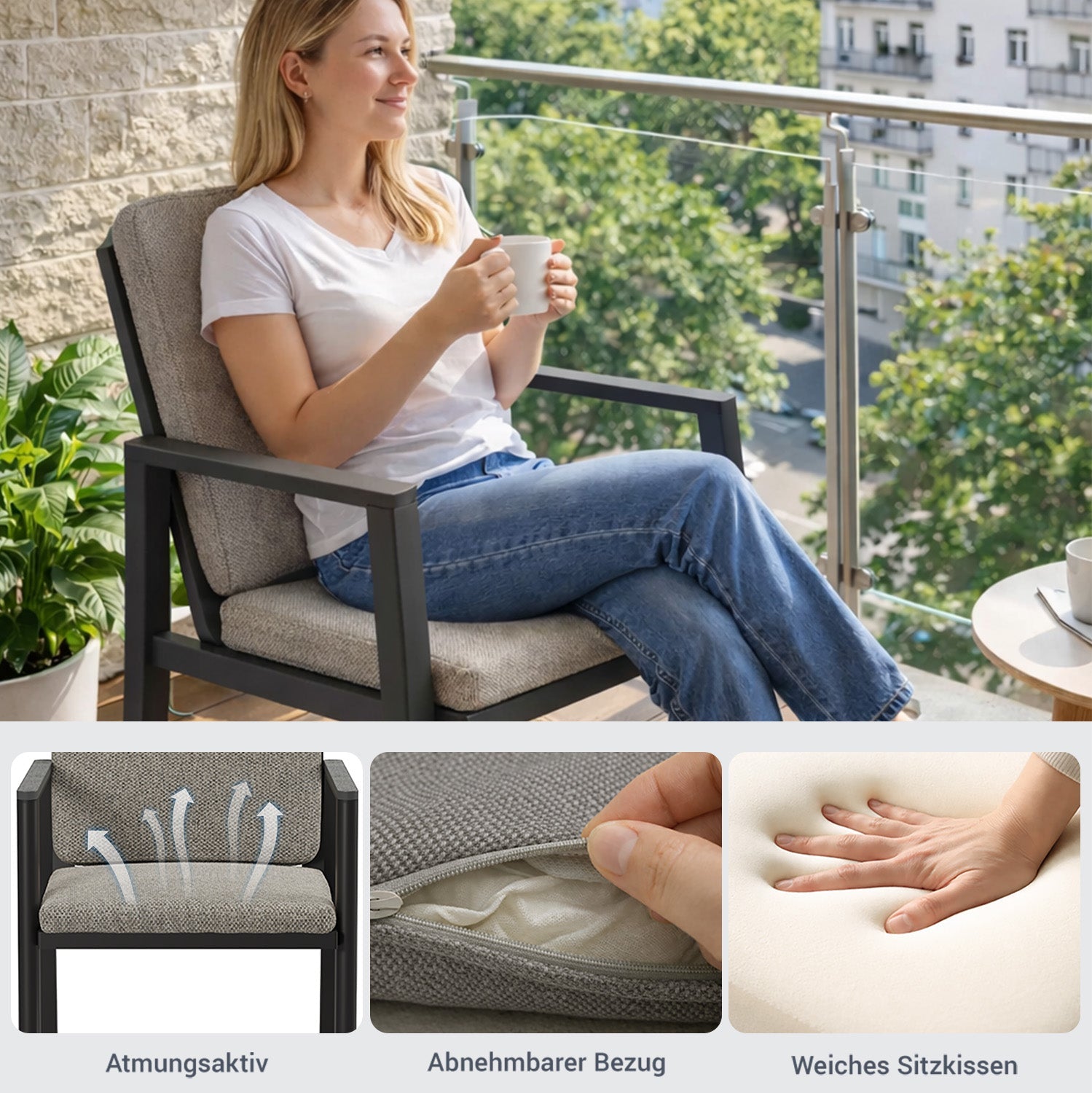 MEXO Gartenlounge - Set Garten Essgruppe für 6 Personen (Gartenmöbel - Set aus Aluminium, 7 - tlg., mit ergonomischen Sesseln inkl. Kissen) - MeXo - Home