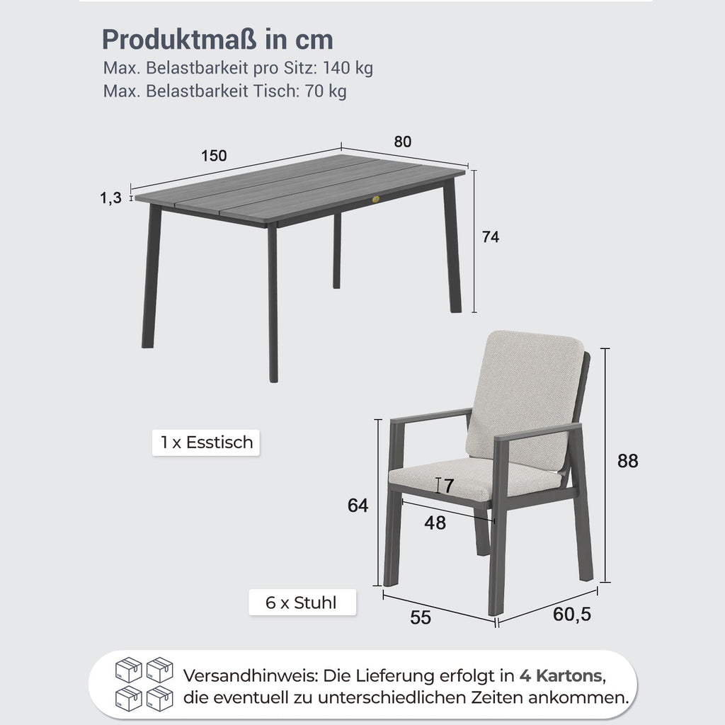 MEXO Gartenlounge - Set Garten Essgruppe für 6 Personen (Gartenmöbel - Set aus Aluminium, 7 - tlg., mit ergonomischen Sesseln inkl. Kissen) - MeXo - Home