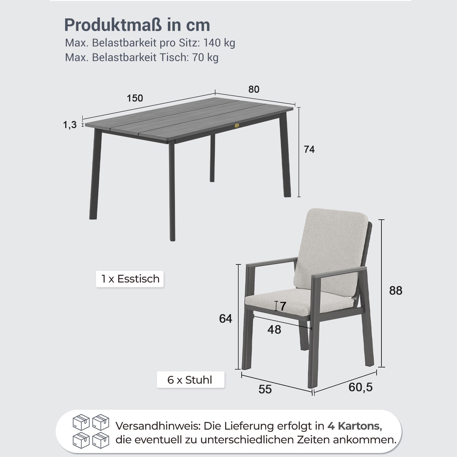 MEXO Gartenlounge - Set Garten Essgruppe für 6 Personen (Gartenmöbel - Set aus Aluminium, 7 - tlg., mit ergonomischen Sesseln inkl. Kissen) - MeXo - Home