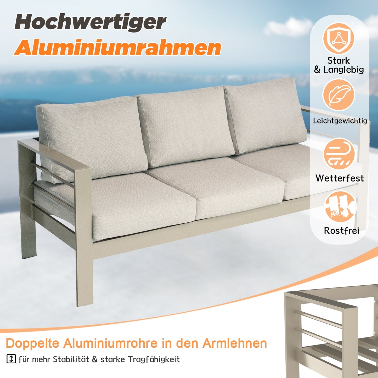 MEXO Gartenlounge - Set Gartenmöbel Set 4 - 5 Personen Aluminium outdoor wetterfest (Beige, harmonieren mit Licht bei Nacht, 4 - tlg., Passt zum skandinavischen, mediterranen oder minimalistischen Stil), 12cm Deluxe Relax - Sitzkissen - MeXo - Home