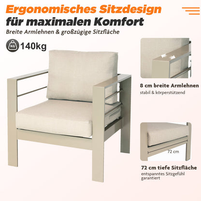 MEXO Gartenlounge - Set Gartenmöbel Set 4 - 5 Personen Aluminium outdoor wetterfest (Beige, harmonieren mit Licht bei Nacht, 4 - tlg., Passt zum skandinavischen, mediterranen oder minimalistischen Stil), 12cm Deluxe Relax - Sitzkissen - MeXo - Home