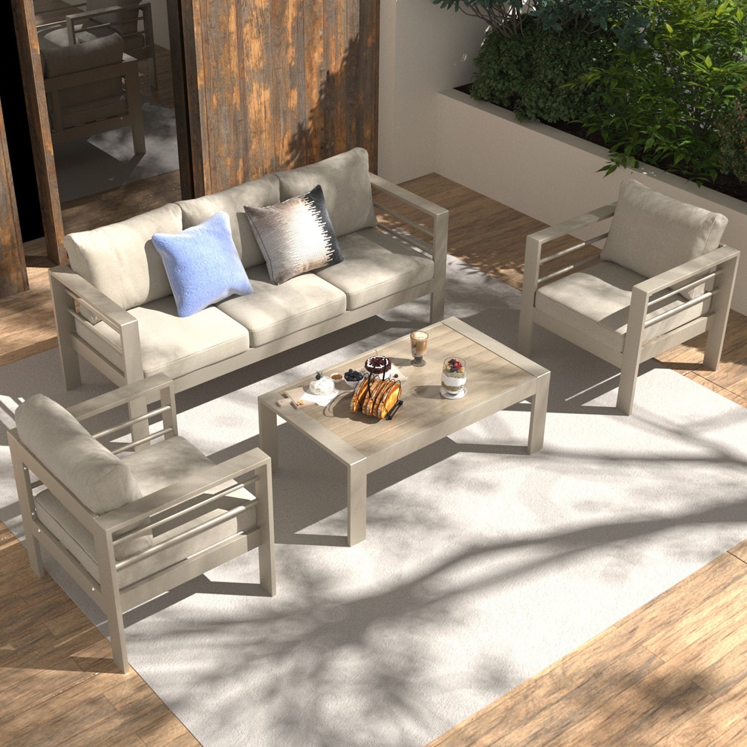 MEXO Gartenlounge - Set Gartenmöbel Set 4 - 5 Personen Aluminium outdoor wetterfest (Beige, harmonieren mit Licht bei Nacht, 4 - tlg., Passt zum skandinavischen, mediterranen oder minimalistischen Stil), 12cm Deluxe Relax - Sitzkissen - MeXo - Home