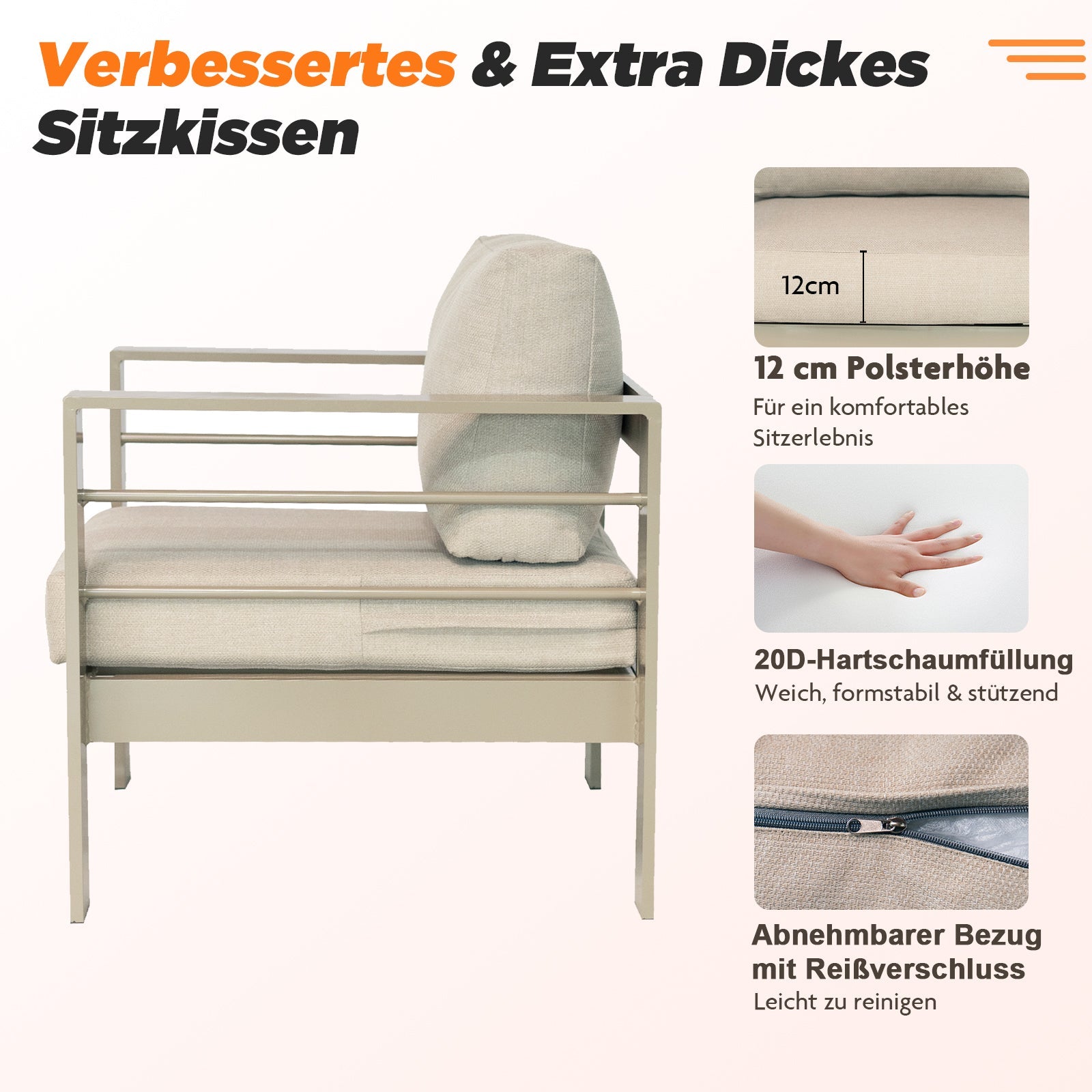 MEXO Gartenlounge - Set Gartenmöbel Set 4 - 5 Personen Aluminium outdoor wetterfest (Beige, harmonieren mit Licht bei Nacht, 4 - tlg., Passt zum skandinavischen, mediterranen oder minimalistischen Stil), 12cm Deluxe Relax - Sitzkissen - MeXo - Home
