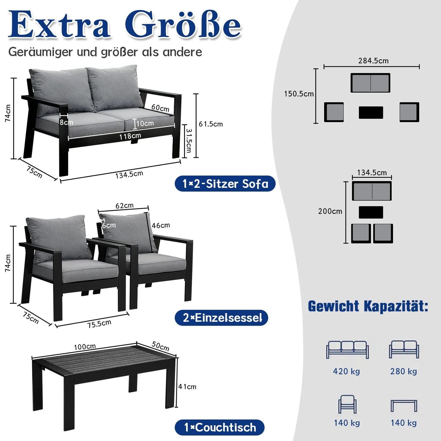 MeXo Gartenlounge - Set Gartenmöbel Set Aluminium Loungeset für Terrasse Balkon, (Set, 4 - tlg., 1×2 - Sitzer Sofa, 2×Einzelsessel, 1×Couchtisch, 7×Auflagen), wetterfest Sitzgruppe Essgruppe Gartengarnitur für 3 - 4 Personen - MeXo - Home