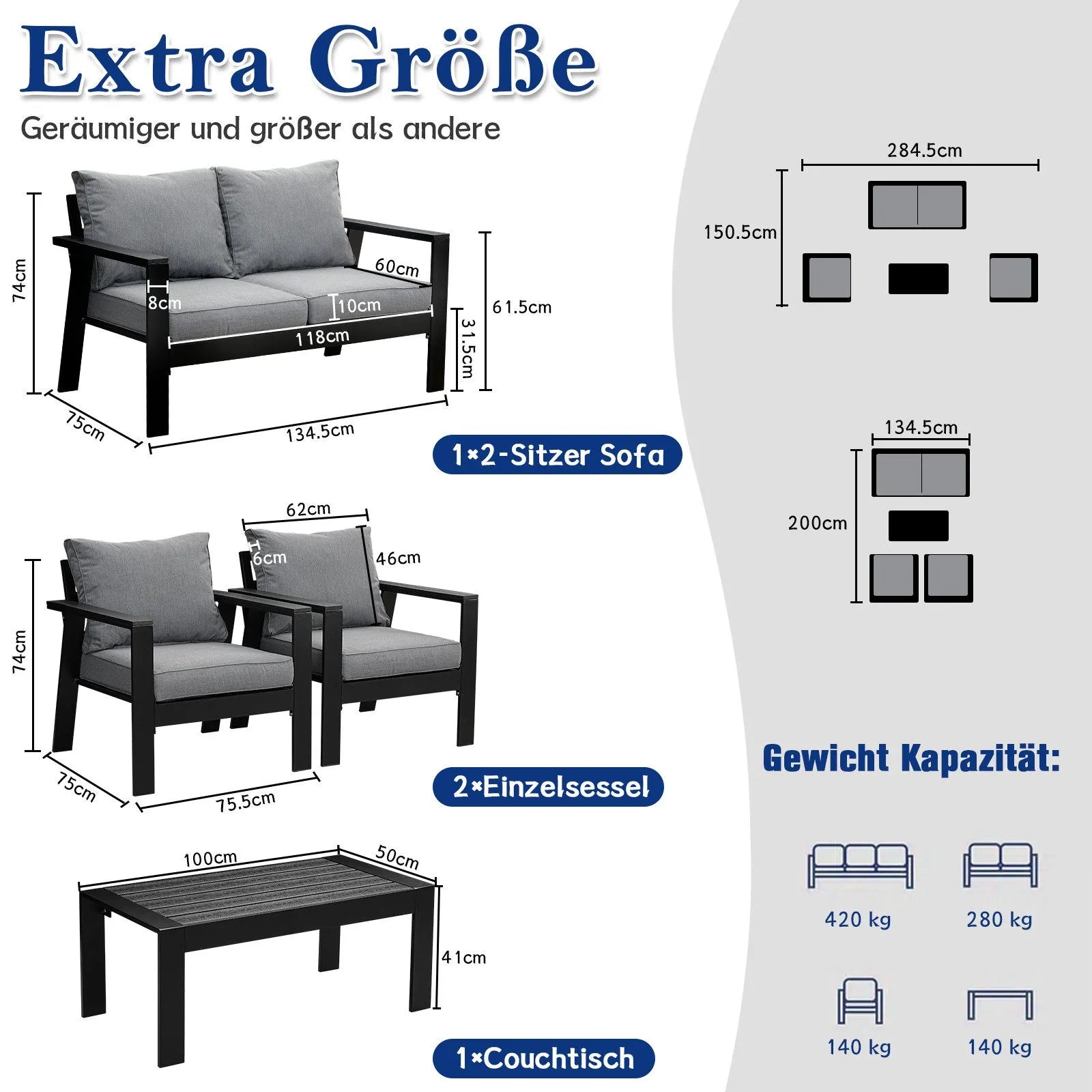 MeXo Gartenlounge - Set Gartenmöbel Set Aluminium Loungeset für Terrasse Balkon, (Set, 4 - tlg., 1×2 - Sitzer Sofa, 2×Einzelsessel, 1×Couchtisch, 7×Auflagen), wetterfest Sitzgruppe Essgruppe Gartengarnitur für 3 - 4 Personen - MeXo - Home