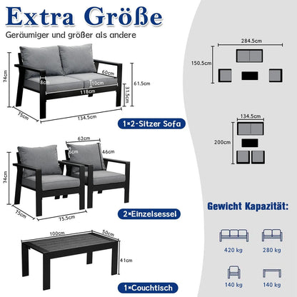 MeXo Gartenlounge - Set Gartenmöbel Set Aluminium Loungeset für Terrasse Balkon, (Set, 4 - tlg., 1×2 - Sitzer Sofa, 2×Einzelsessel, 1×Couchtisch, 7×Auflagen), wetterfest Sitzgruppe Essgruppe Gartengarnitur für 3 - 4 Personen - MeXo - Home