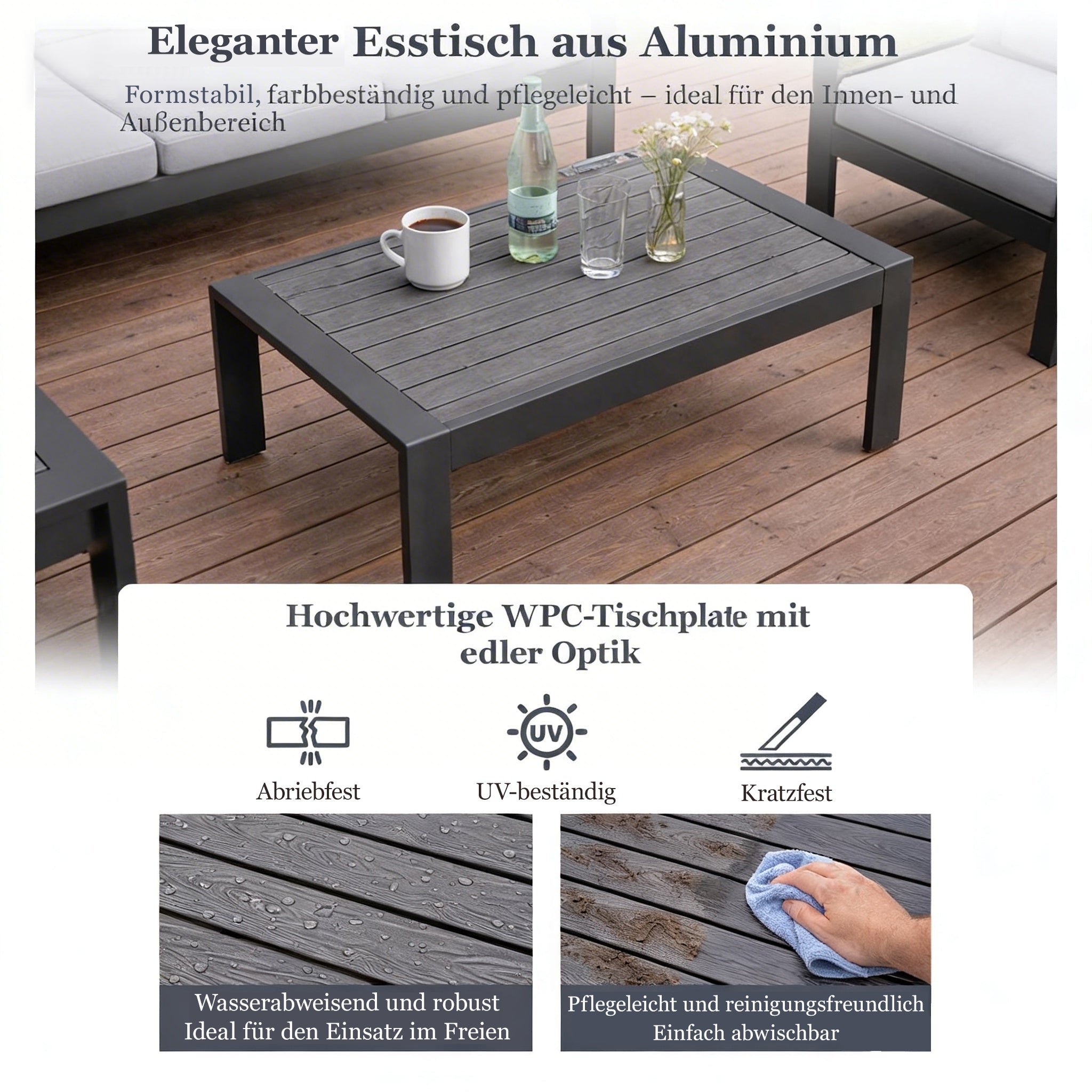 MeXo Gartenlounge - Set Gartenmöbel Set Aluminium Loungeset für Terrasse Balkon, (Set, 4 - tlg., 1×2 - Sitzer Sofa, 2×Einzelsessel, 1×Couchtisch, 7×Auflagen), wetterfest Sitzgruppe Essgruppe Gartengarnitur für 3 - 4 Personen - MeXo - Home