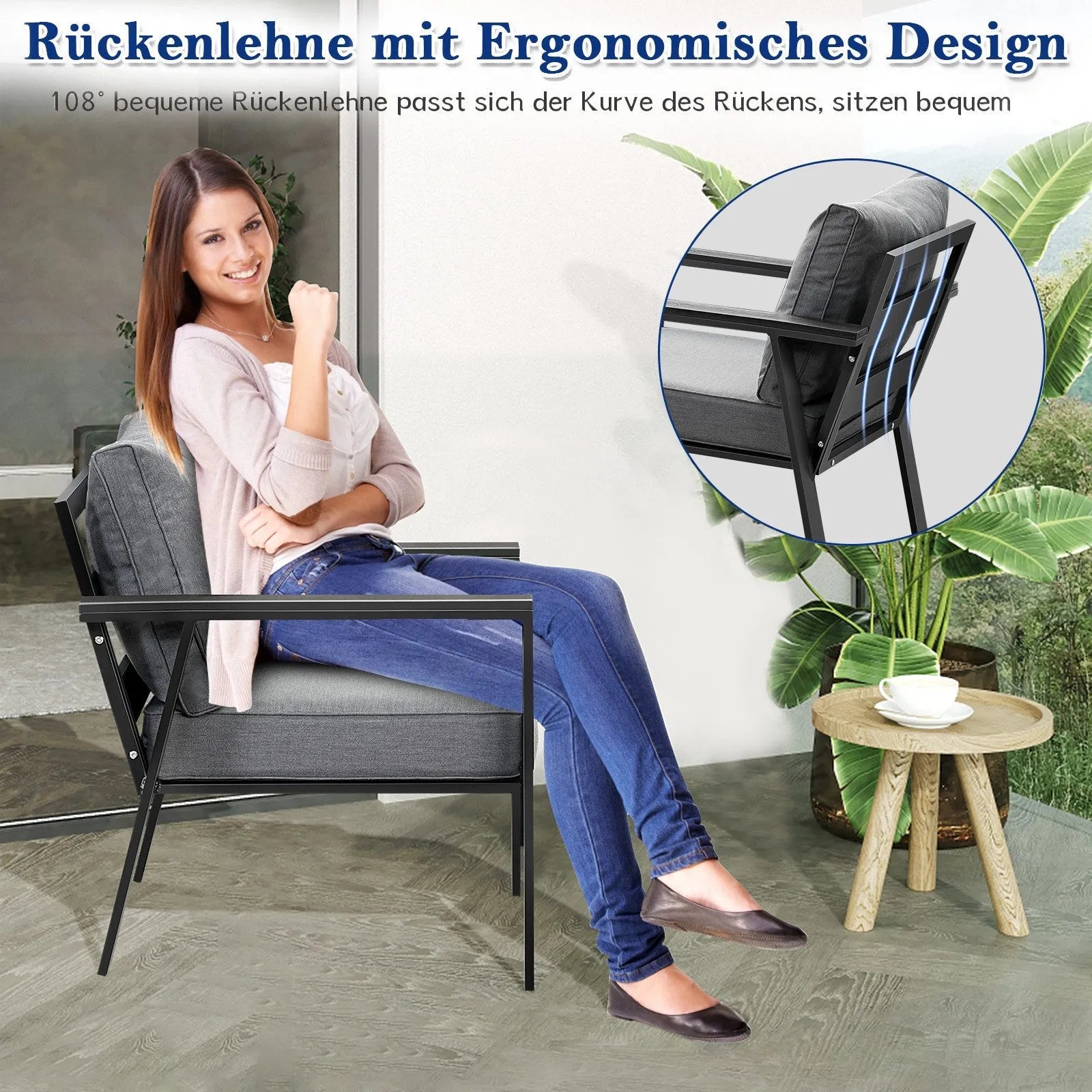 MeXo Gartenlounge - Set Gartenmöbel Set Aluminium Loungeset für Terrasse Balkon, (Set, 4 - tlg., 1×2 - Sitzer Sofa, 2×Einzelsessel, 1×Couchtisch, 7×Auflagen), wetterfest Sitzgruppe Essgruppe Gartengarnitur für 3 - 4 Personen - MeXo - Home