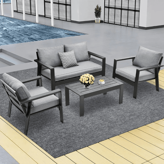 MeXo Gartenlounge - Set Gartenmöbel Set Aluminium Loungeset für Terrasse Balkon, (Set, 4 - tlg., 1×2 - Sitzer Sofa, 2×Einzelsessel, 1×Couchtisch, 7×Auflagen), wetterfest Sitzgruppe Essgruppe Gartengarnitur für 3 - 4 Personen - MeXo - Home