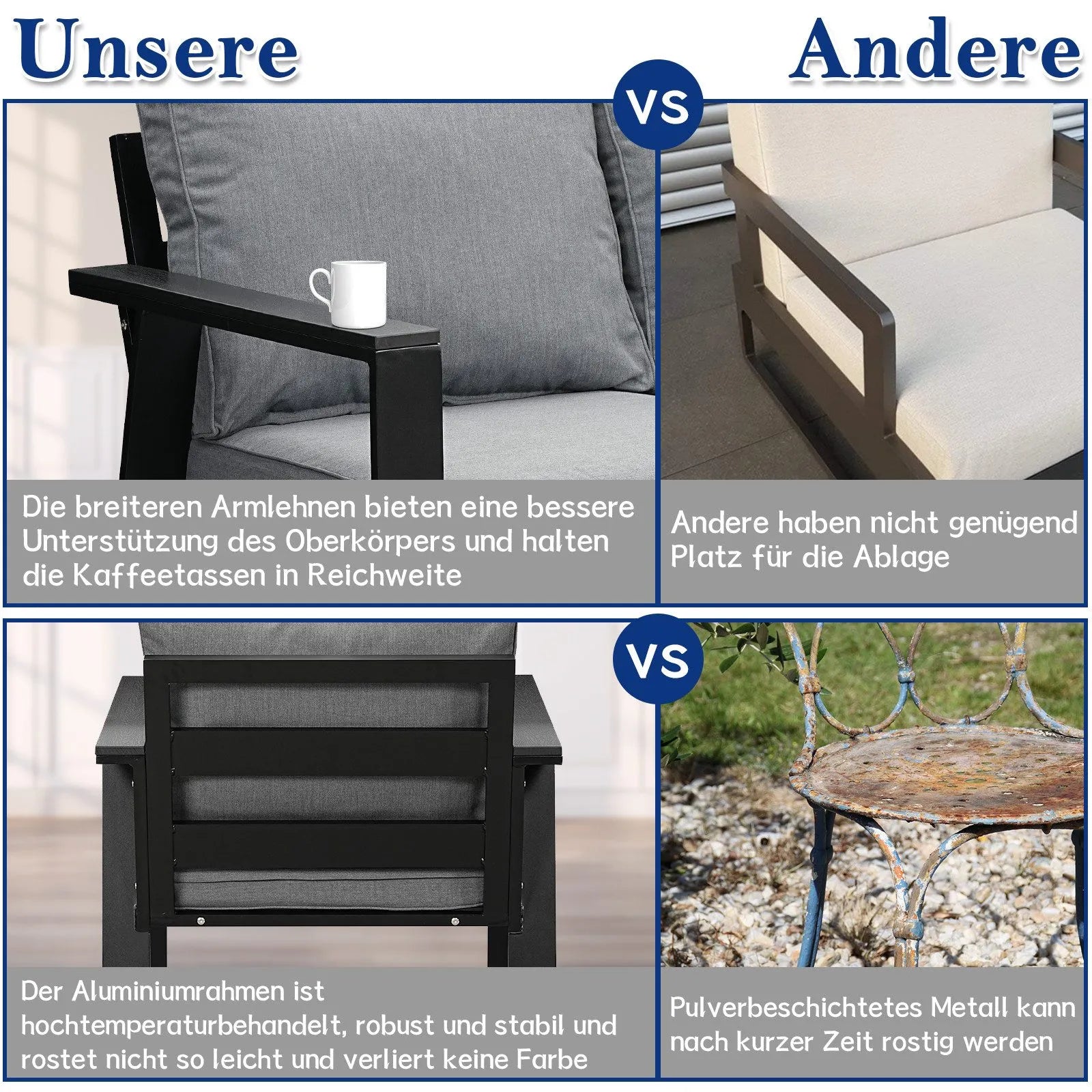 MeXo Gartenlounge - Set Gartenmöbel Set Aluminium Loungeset für Terrasse Balkon, (Set, 4 - tlg., 1×2 - Sitzer Sofa, 2×Einzelsessel, 1×Couchtisch, 7×Auflagen), wetterfest Sitzgruppe Essgruppe Gartengarnitur für 3 - 4 Personen - MeXo - Home