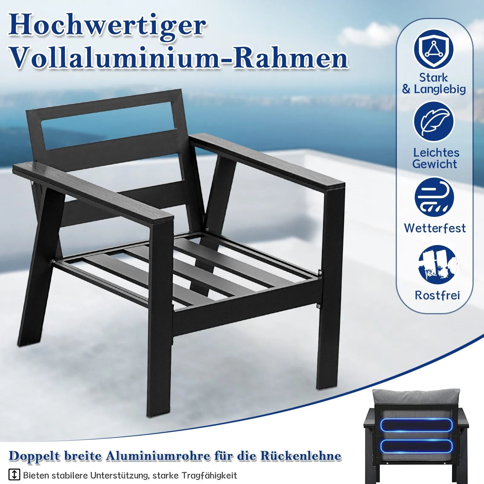 MeXo Gartenlounge - Set Gartenmöbel Set Aluminium Loungeset für Terrasse Balkon, (Set, 4 - tlg., 1×2 - Sitzer Sofa, 2×Einzelsessel, 1×Couchtisch, 7×Auflagen), wetterfest Sitzgruppe Essgruppe Gartengarnitur für 3 - 4 Personen - MeXo - Home