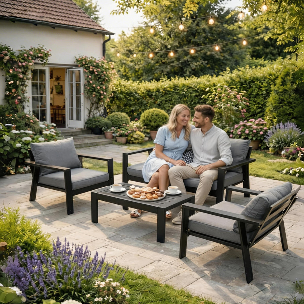 MeXo Gartenlounge - Set Gartenmöbel Set Aluminium Loungeset für Terrasse Balkon, (Set, 4 - tlg., 1×2 - Sitzer Sofa, 2×Einzelsessel, 1×Couchtisch, 7×Auflagen), wetterfest Sitzgruppe Essgruppe Gartengarnitur für 3 - 4 Personen - MeXo - Home