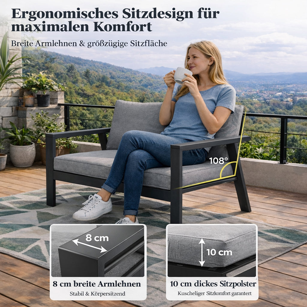 MeXo Gartenlounge - Set Gartenmöbel Set Aluminium Loungeset für Terrasse Balkon, (Set, 4 - tlg., 1×2 - Sitzer Sofa, 2×Einzelsessel, 1×Couchtisch, 7×Auflagen), wetterfest Sitzgruppe Essgruppe Gartengarnitur für 3 - 4 Personen - MeXo - Home