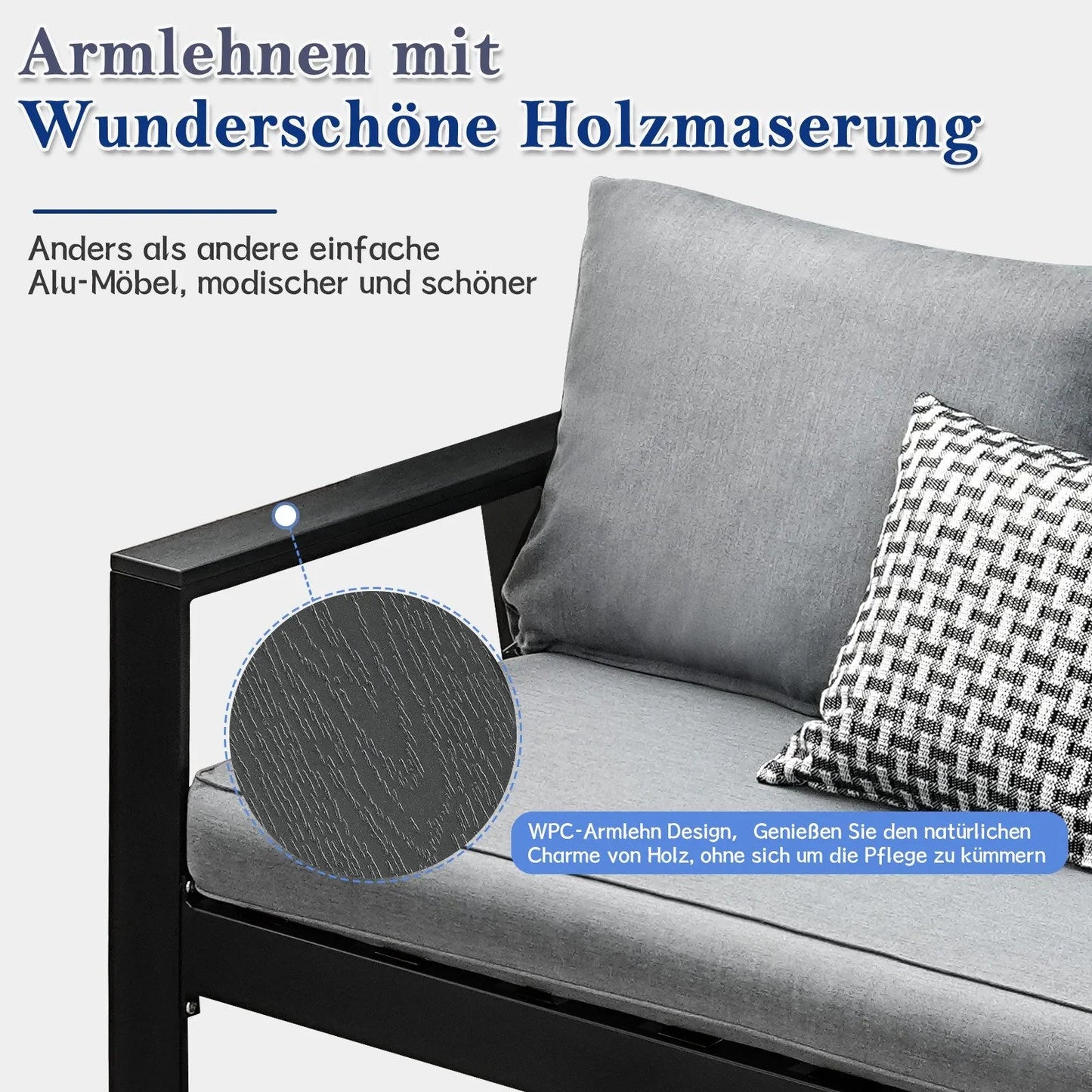 MeXo Gartenlounge - Set Gartenmöbel Set Aluminium Loungeset für Terrasse Balkon, (Set, 4 - tlg., 1×2 - Sitzer Sofa, 2×Einzelsessel, 1×Couchtisch, 7×Auflagen), wetterfest Sitzgruppe Essgruppe Gartengarnitur für 3 - 4 Personen - MeXo - Home