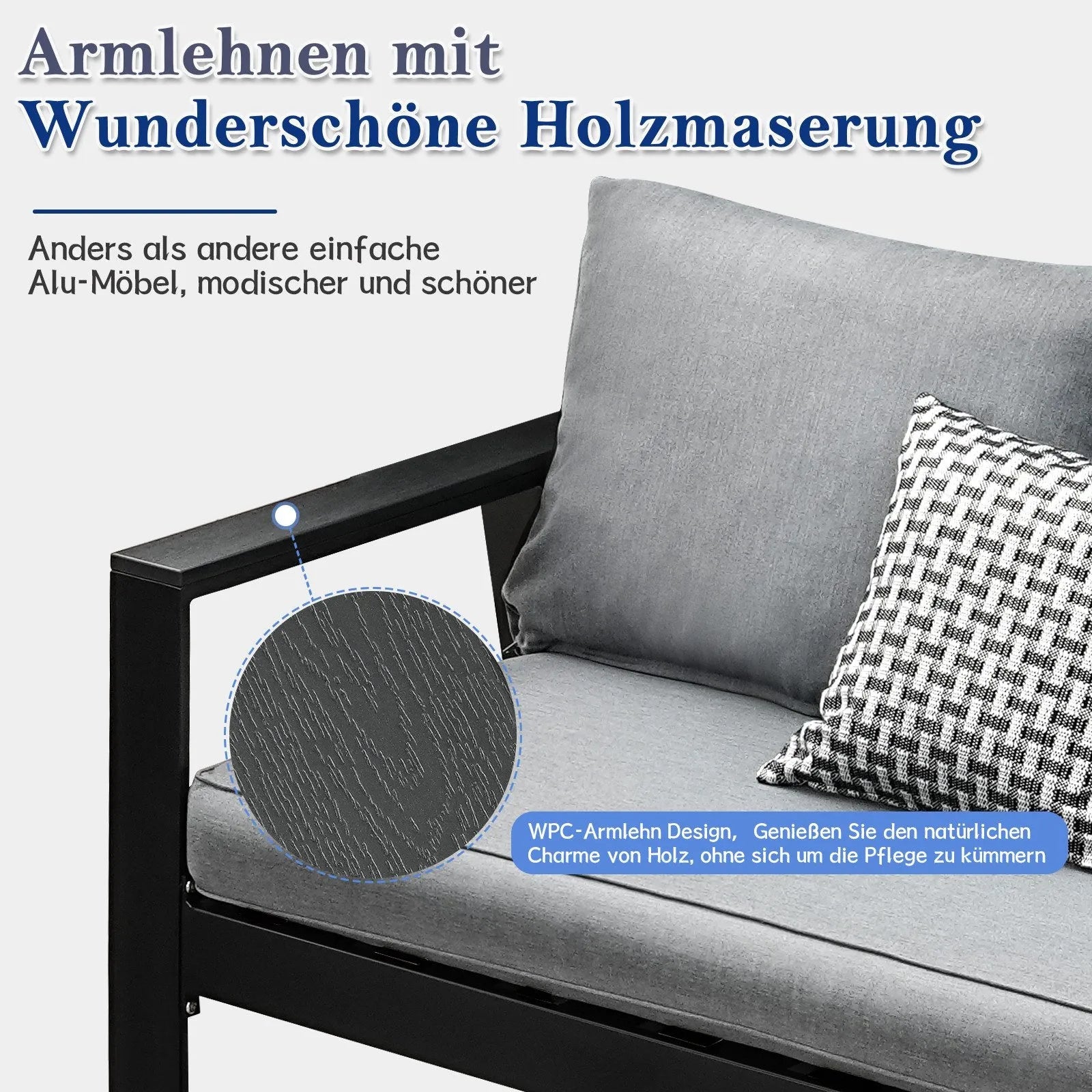 MeXo Gartenlounge - Set Gartenmöbel Set Aluminium Loungeset für Terrasse Balkon, (Set, 4 - tlg., 1×2 - Sitzer Sofa, 2×Einzelsessel, 1×Couchtisch, 7×Auflagen), wetterfest Sitzgruppe Essgruppe Gartengarnitur für 3 - 4 Personen - MeXo - Home