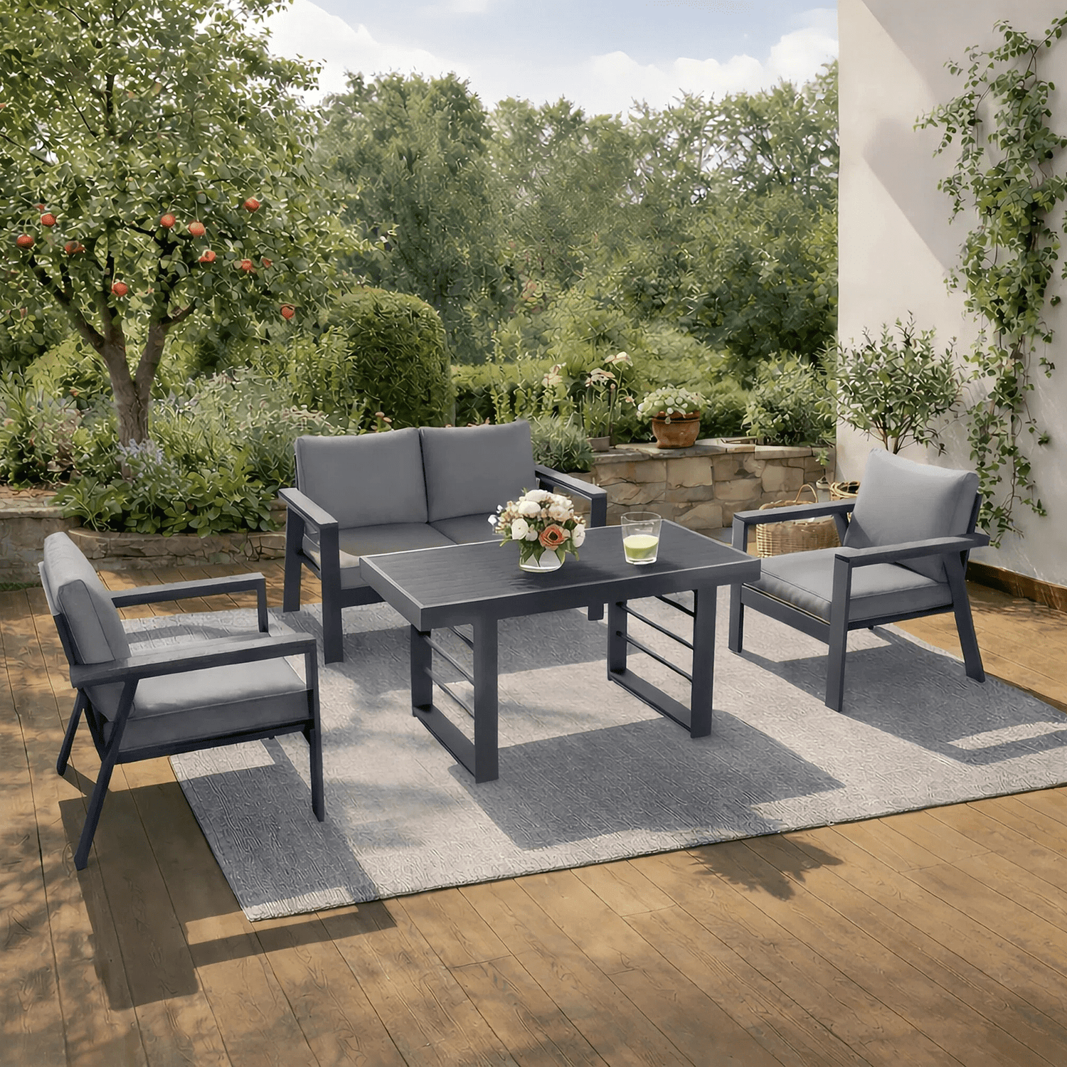 MeXo Gartenlounge - Set Gartenmöbel Set Aluminium Loungeset für Terrasse Balkon, (Set, 4 - tlg., 1×2 - Sitzer Sofa, 2×Einzelsessel, 1×Couchtisch, 7×Auflagen), wetterfest Sitzgruppe Essgruppe Gartengarnitur für 3 - 4 Personen - MeXo - Home