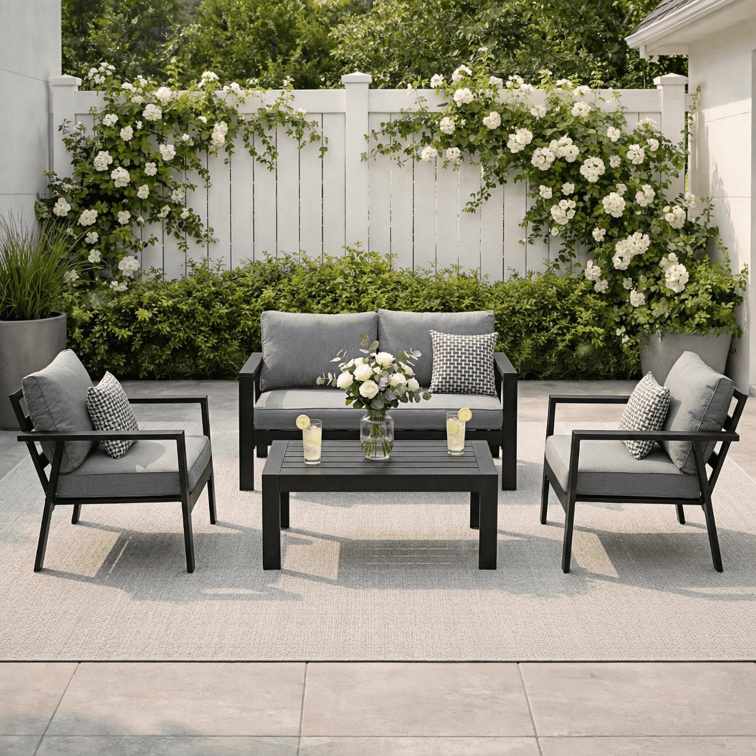 MeXo Gartenlounge - Set Gartenmöbel Set Aluminium Loungeset für Terrasse Balkon, (Set, 4 - tlg., 1×2 - Sitzer Sofa, 2×Einzelsessel, 1×Couchtisch, 7×Auflagen), wetterfest Sitzgruppe Essgruppe Gartengarnitur für 3 - 4 Personen - MeXo - Home