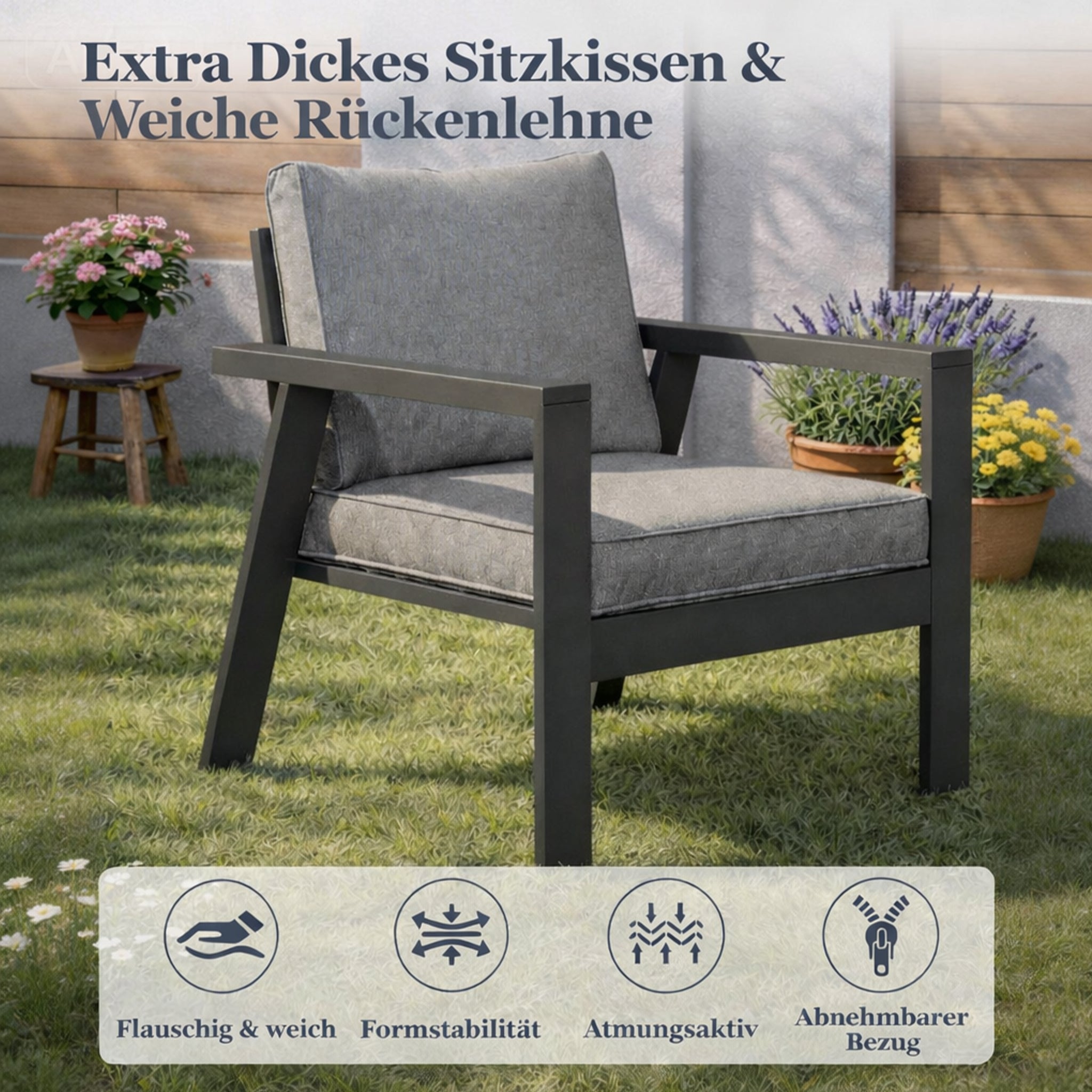 MeXo Gartenlounge - Set Gartenmöbel Set Aluminium Loungeset für Terrasse Balkon, (Set, 4 - tlg., 1×2 - Sitzer Sofa, 2×Einzelsessel, 1×Couchtisch, 7×Auflagen), wetterfest Sitzgruppe Essgruppe Gartengarnitur für 3 - 4 Personen - MeXo - Home
