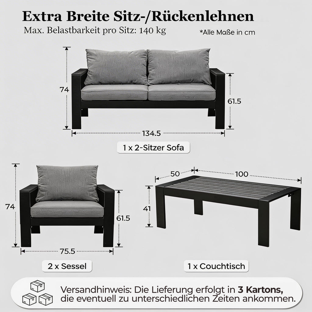 MeXo Gartenlounge - Set Gartenmöbel Set Aluminium Loungeset für Terrasse Balkon, (Set, 4 - tlg., 1×2 - Sitzer Sofa, 2×Einzelsessel, 1×Couchtisch, 7×Auflagen), wetterfest Sitzgruppe Essgruppe Gartengarnitur für 3 - 4 Personen - MeXo - Home