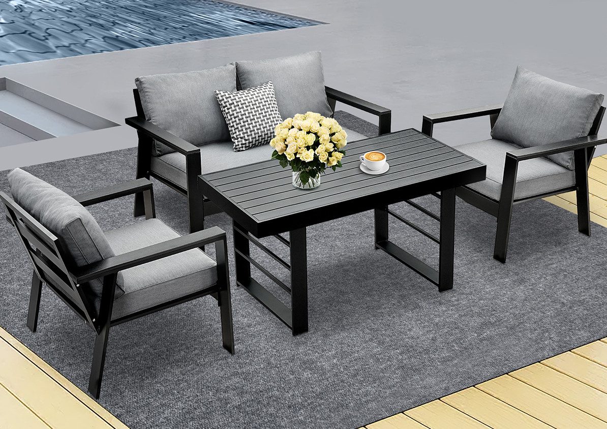 MeXo Gartenlounge - Set Gartenmöbel Set Aluminium Loungeset für Terrasse Balkon, (Set, 4 - tlg., 1×2 - Sitzer Sofa, 2×Einzelsessel, 1×Esstisch, 7×Auflagen), wetterfest Sitzgruppe Essgruppe Gartengarnitur für 3 - 4 Personen - MeXo - Home