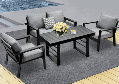 MeXo Gartenlounge - Set Gartenmöbel Set Aluminium Loungeset für Terrasse Balkon, (Set, 4 - tlg., 1×2 - Sitzer Sofa, 2×Einzelsessel, 1×Esstisch, 7×Auflagen), wetterfest Sitzgruppe Essgruppe Gartengarnitur für 3 - 4 Personen - MeXo - Home