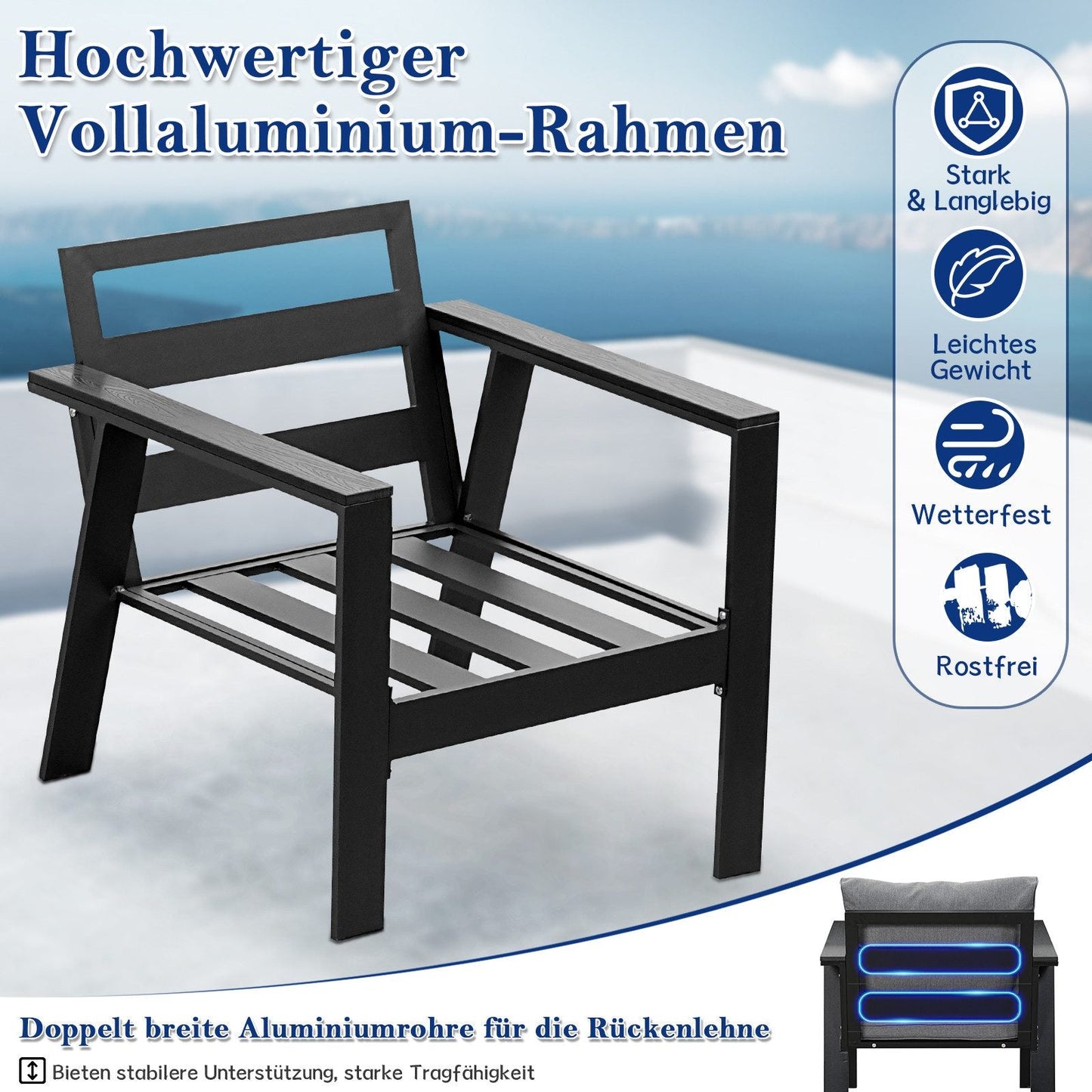 MeXo Gartenlounge - Set Gartenmöbel Set Aluminium Loungeset für Terrasse Balkon, (Set, 4 - tlg., 1×2 - Sitzer Sofa, 2×Einzelsessel, 1×Esstisch, 7×Auflagen), wetterfest Sitzgruppe Essgruppe Gartengarnitur für 3 - 4 Personen - MeXo - Home
