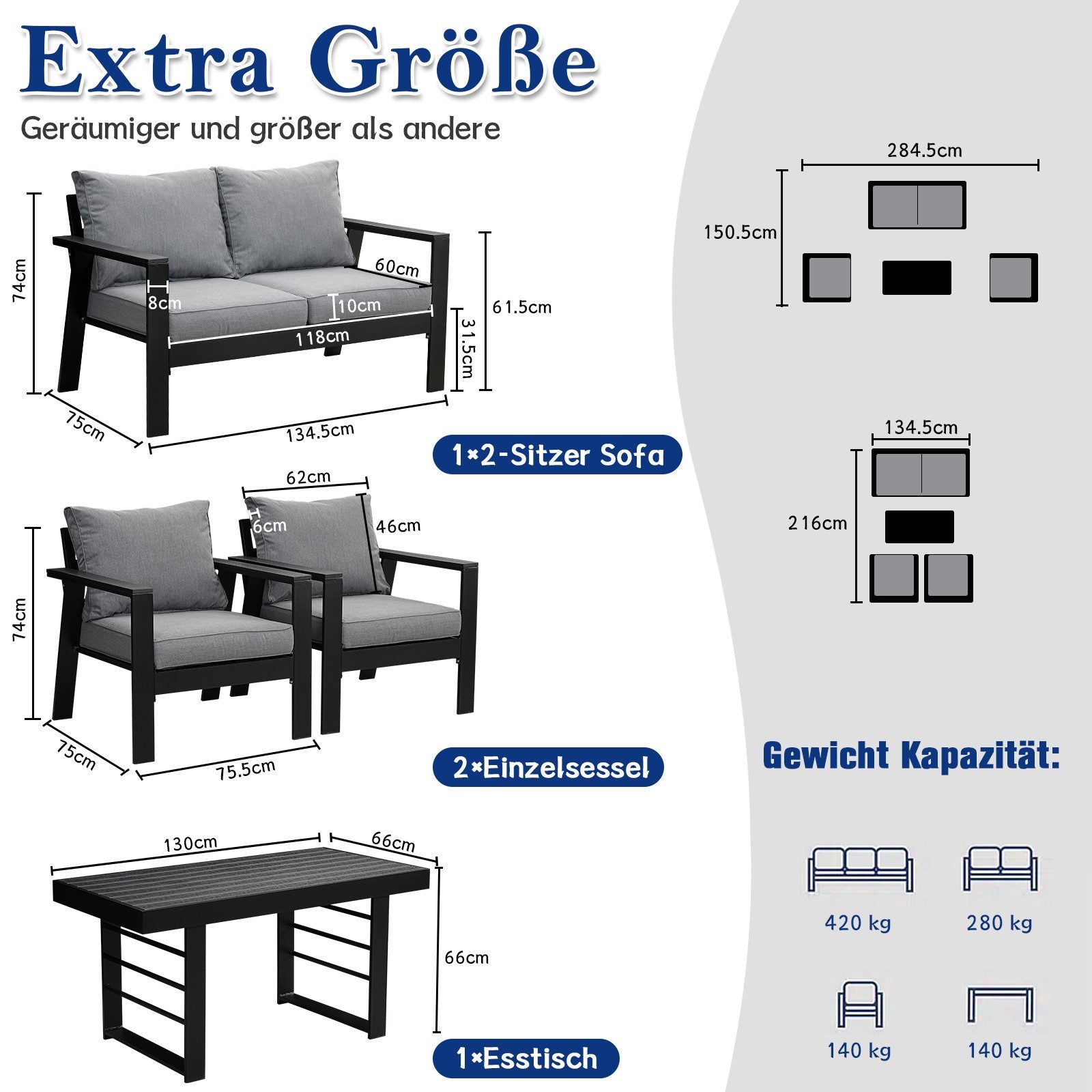 MeXo Gartenlounge - Set Gartenmöbel Set Aluminium Loungeset für Terrasse Balkon, (Set, 4 - tlg., 1×2 - Sitzer Sofa, 2×Einzelsessel, 1×Esstisch, 7×Auflagen), wetterfest Sitzgruppe Essgruppe Gartengarnitur für 3 - 4 Personen - MeXo - Home