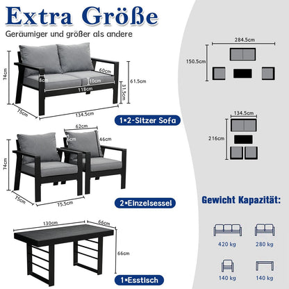MeXo Gartenlounge - Set Gartenmöbel Set Aluminium Loungeset für Terrasse Balkon, (Set, 4 - tlg., 1×2 - Sitzer Sofa, 2×Einzelsessel, 1×Esstisch, 7×Auflagen), wetterfest Sitzgruppe Essgruppe Gartengarnitur für 3 - 4 Personen - MeXo - Home