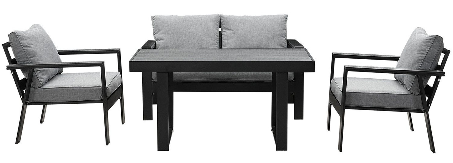 MeXo Gartenlounge - Set Gartenmöbel Set Aluminium Loungeset für Terrasse Balkon, (Set, 4 - tlg., 1×2 - Sitzer Sofa, 2×Einzelsessel, 1×Esstisch, 7×Auflagen), wetterfest Sitzgruppe Essgruppe Gartengarnitur für 3 - 4 Personen - MeXo - Home