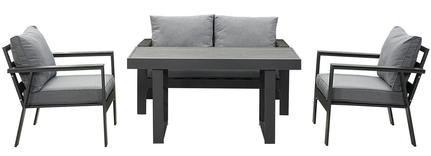 MeXo Gartenlounge - Set Gartenmöbel Set Aluminium Loungeset für Terrasse Balkon, (Set, 4 - tlg., 1×2 - Sitzer Sofa, 2×Einzelsessel, 1×Esstisch, 7×Auflagen), wetterfest Sitzgruppe Essgruppe Gartengarnitur für 3 - 4 Personen - MeXo - Home