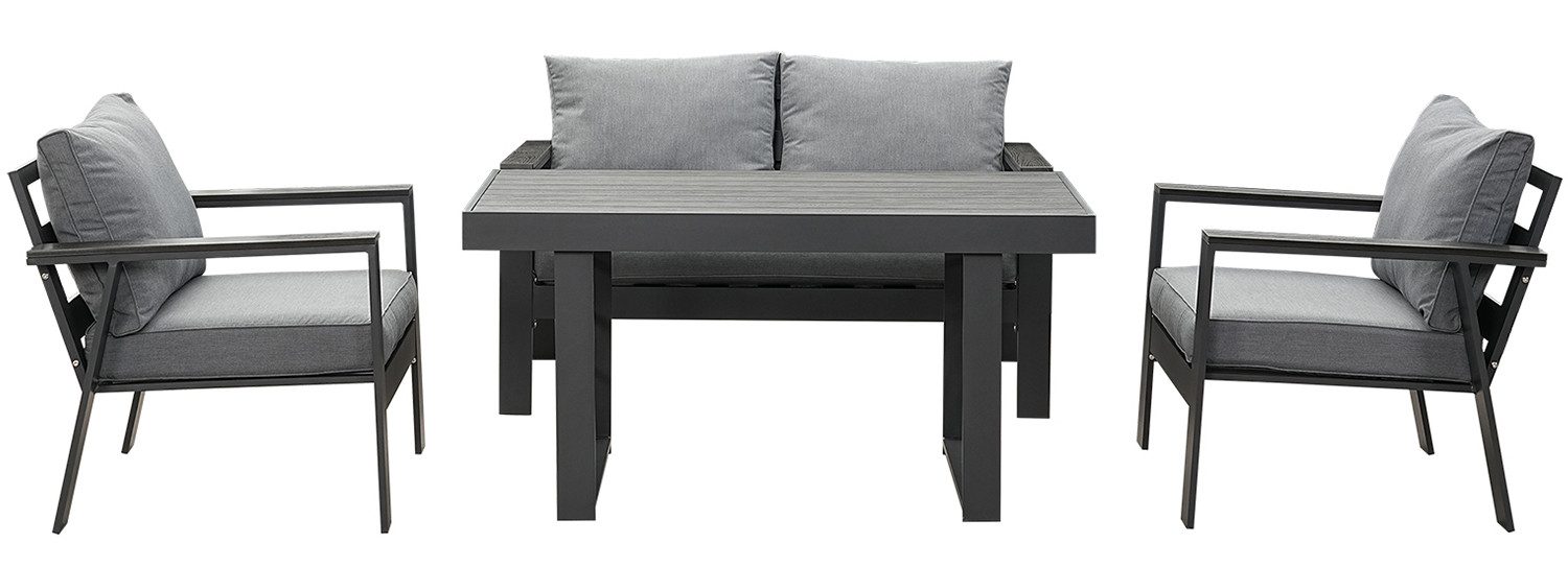 MeXo Gartenlounge - Set Gartenmöbel Set Aluminium Loungeset für Terrasse Balkon, (Set, 4 - tlg., 1×2 - Sitzer Sofa, 2×Einzelsessel, 1×Esstisch, 7×Auflagen), wetterfest Sitzgruppe Essgruppe Gartengarnitur für 3 - 4 Personen - MeXo - Home