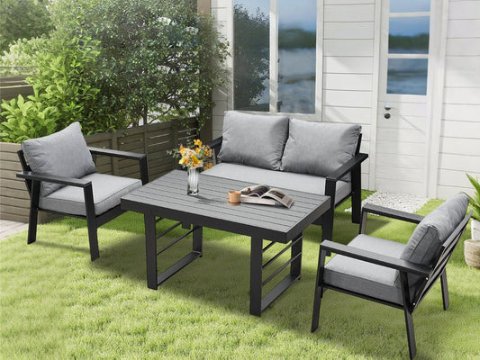 MeXo Gartenlounge - Set Gartenmöbel Set Aluminium Loungeset für Terrasse Balkon, (Set, 4 - tlg., 1×2 - Sitzer Sofa, 2×Einzelsessel, 1×Esstisch, 7×Auflagen), wetterfest Sitzgruppe Essgruppe Gartengarnitur für 3 - 4 Personen - MeXo - Home