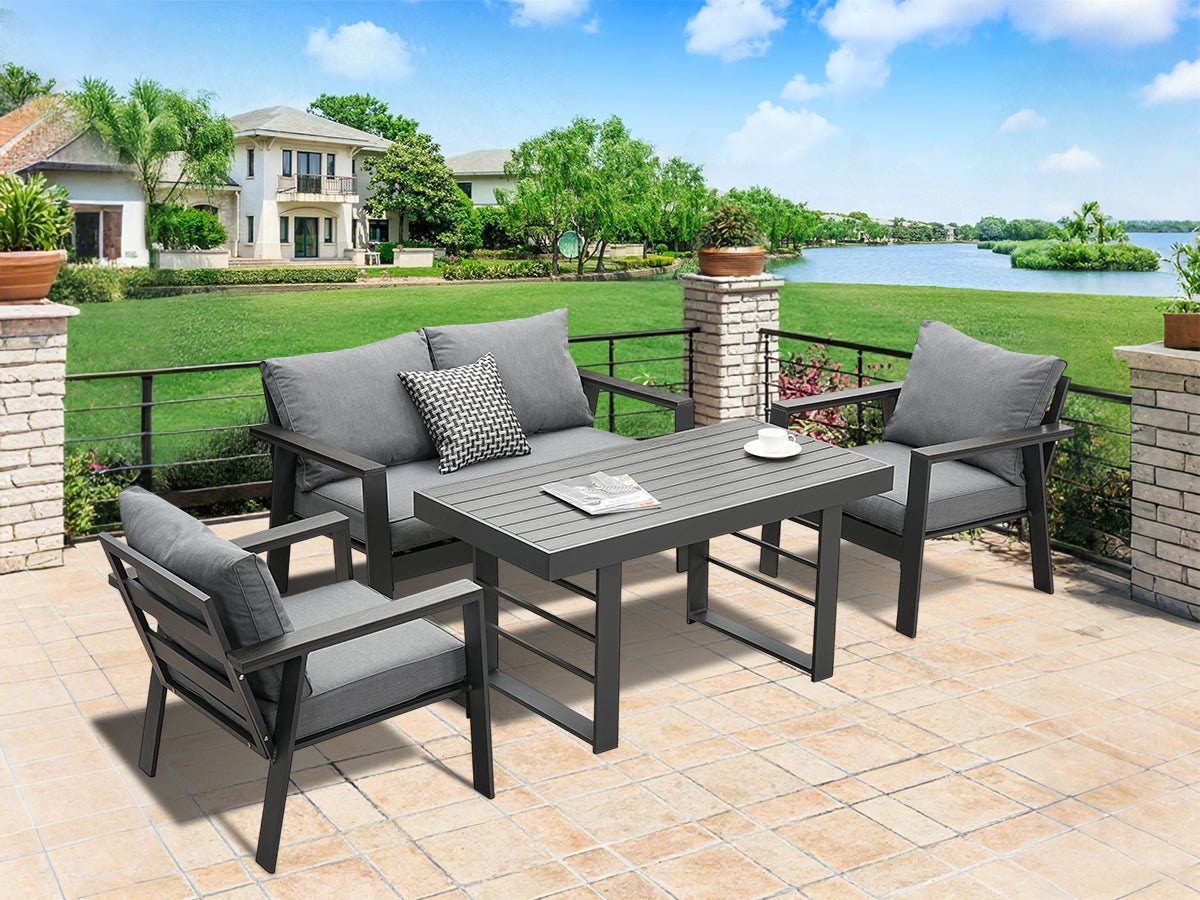 MeXo Gartenlounge - Set Gartenmöbel Set Aluminium Loungeset für Terrasse Balkon, (Set, 4 - tlg., 1×2 - Sitzer Sofa, 2×Einzelsessel, 1×Esstisch, 7×Auflagen), wetterfest Sitzgruppe Essgruppe Gartengarnitur für 3 - 4 Personen - MeXo - Home