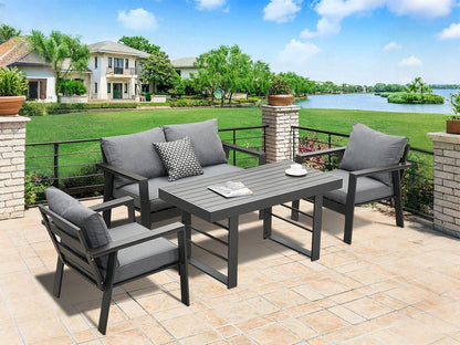 MeXo Gartenlounge - Set Gartenmöbel Set Aluminium Loungeset für Terrasse Balkon, (Set, 4 - tlg., 1×2 - Sitzer Sofa, 2×Einzelsessel, 1×Esstisch, 7×Auflagen), wetterfest Sitzgruppe Essgruppe Gartengarnitur für 3 - 4 Personen - MeXo - Home