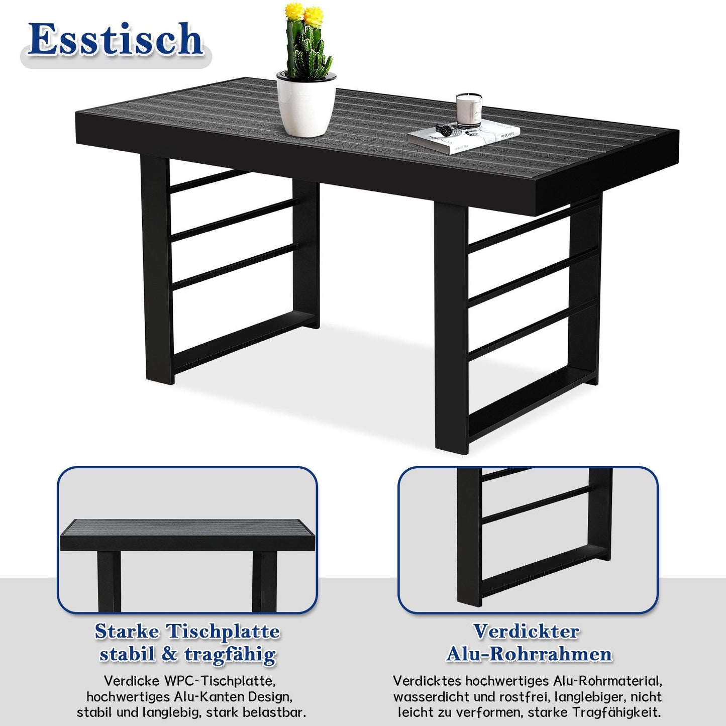 MeXo Gartenlounge - Set Gartenmöbel Set Aluminium Loungeset für Terrasse Balkon, (Set, 4 - tlg., 1×2 - Sitzer Sofa, 2×Einzelsessel, 1×Esstisch, 7×Auflagen), wetterfest Sitzgruppe Essgruppe Gartengarnitur für 3 - 4 Personen - MeXo - Home