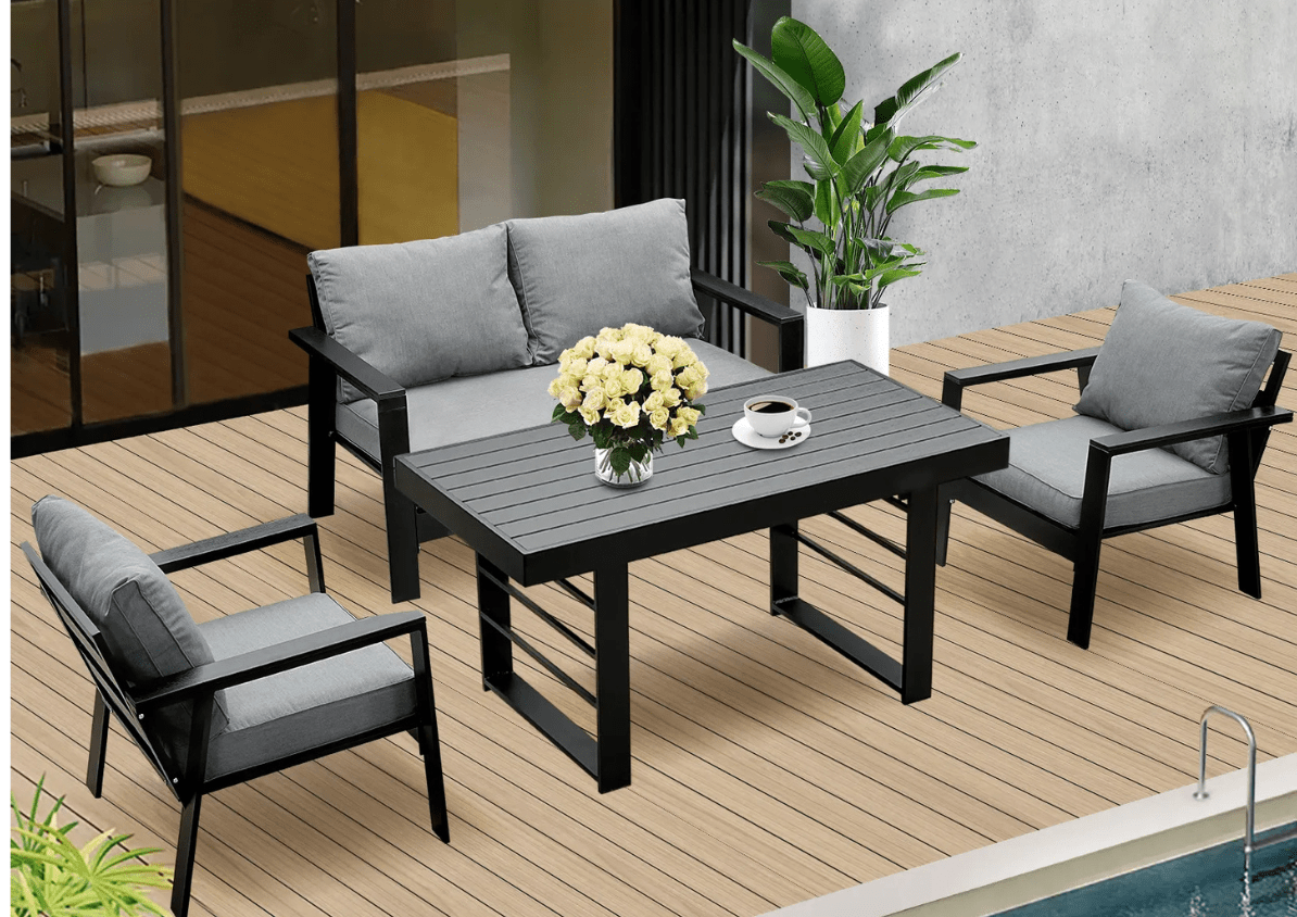 MeXo Gartenlounge - Set Gartenmöbel Set Aluminium Loungeset für Terrasse Balkon, (Set, 4 - tlg., 1×2 - Sitzer Sofa, 2×Einzelsessel, 1×Esstisch, 7×Auflagen), wetterfest Sitzgruppe Essgruppe Gartengarnitur für 3 - 4 Personen - MeXo - Home
