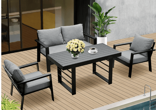 MeXo Gartenlounge - Set Gartenmöbel Set Aluminium Loungeset für Terrasse Balkon, (Set, 4 - tlg., 1×2 - Sitzer Sofa, 2×Einzelsessel, 1×Esstisch, 7×Auflagen), wetterfest Sitzgruppe Essgruppe Gartengarnitur für 3 - 4 Personen - MeXo - Home