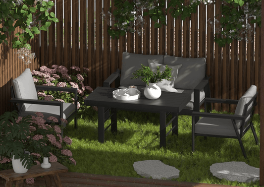 MeXo Gartenlounge - Set Gartenmöbel Set Aluminium Loungeset für Terrasse Balkon, (Set, 4 - tlg., 1×2 - Sitzer Sofa, 2×Einzelsessel, 1×Esstisch, 7×Auflagen), wetterfest Sitzgruppe Essgruppe Gartengarnitur für 3 - 4 Personen - MeXo - Home