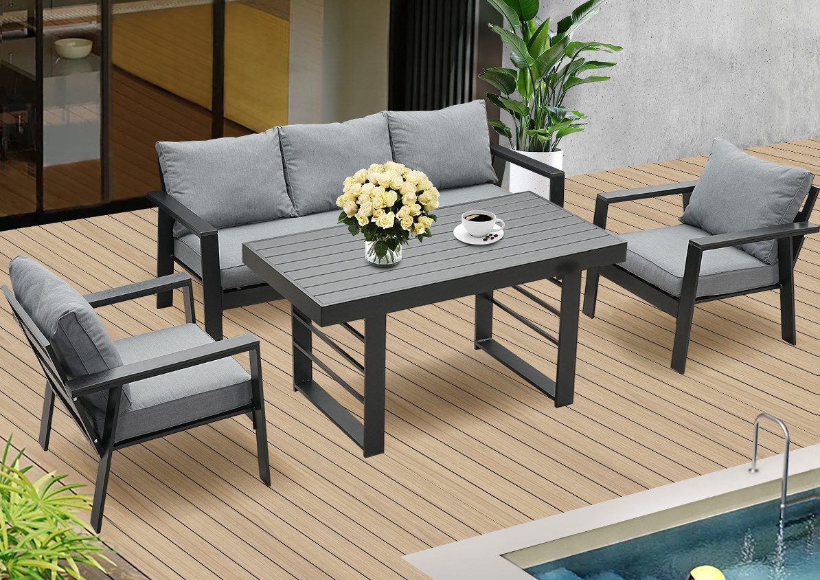 MeXo Gartenlounge - Set Gartenmöbel Set Aluminium Loungeset für Terrasse Balkon, (Set, 4 - tlg., 1×3 - Sitzer Sofa, 2×Einzelsessel, 1×Esstisch, 8×Auflagen), wetterfest Sitzgruppe Essgruppe Gartengarnitur für 4 - 5 Personen - MeXo - Home