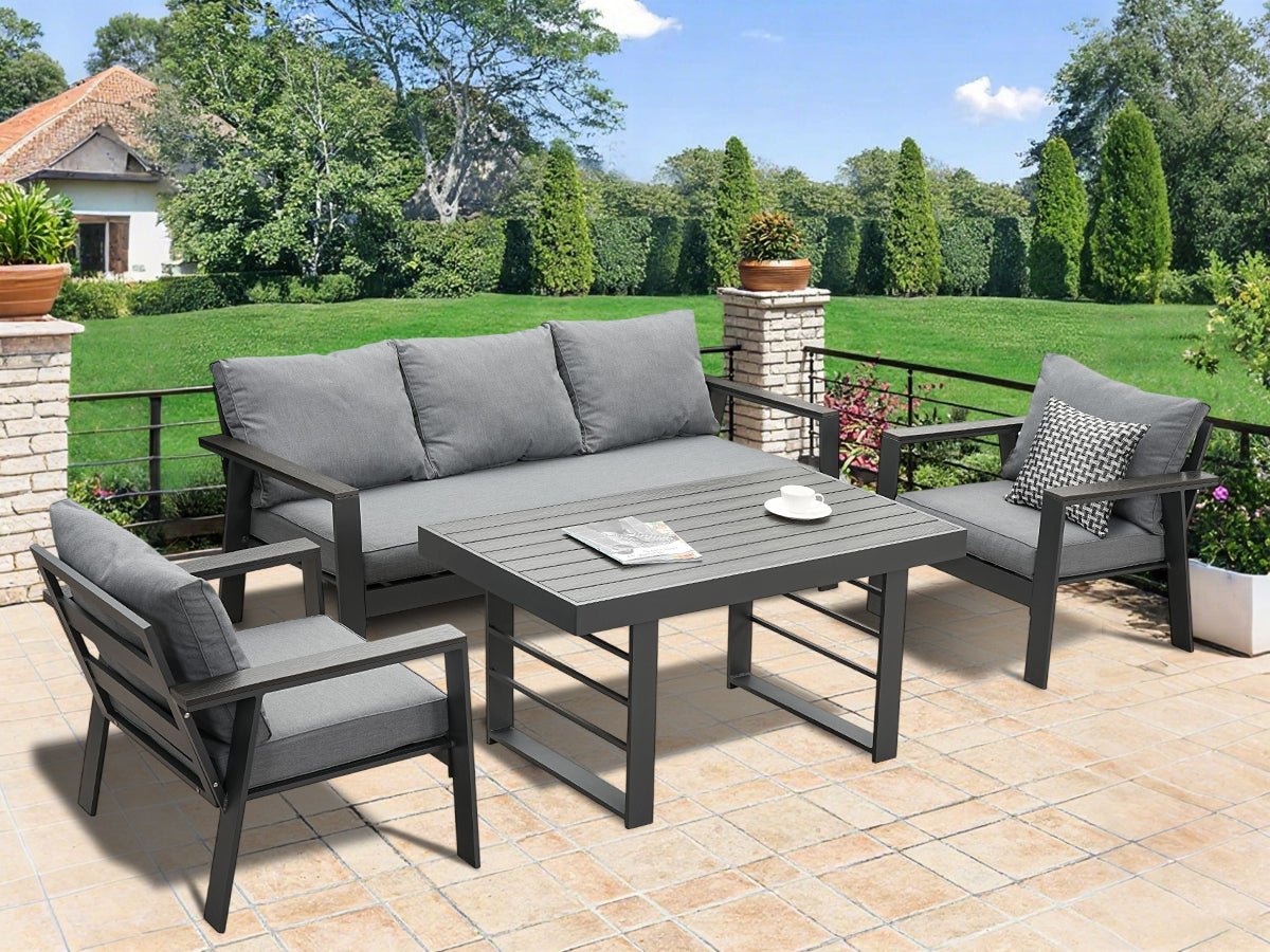 MeXo Gartenlounge - Set Gartenmöbel Set Aluminium Loungeset für Terrasse Balkon, (Set, 4 - tlg., 1×3 - Sitzer Sofa, 2×Einzelsessel, 1×Esstisch, 8×Auflagen), wetterfest Sitzgruppe Essgruppe Gartengarnitur für 4 - 5 Personen - MeXo - Home