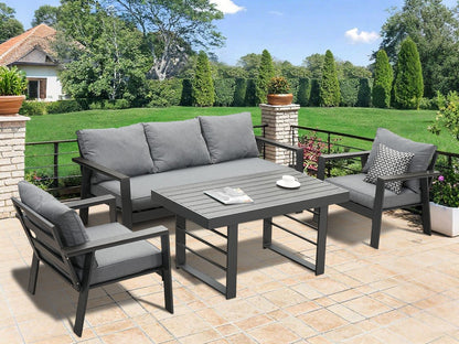 MeXo Gartenlounge - Set Gartenmöbel Set Aluminium Loungeset für Terrasse Balkon, (Set, 4 - tlg., 1×3 - Sitzer Sofa, 2×Einzelsessel, 1×Esstisch, 8×Auflagen), wetterfest Sitzgruppe Essgruppe Gartengarnitur für 4 - 5 Personen - MeXo - Home