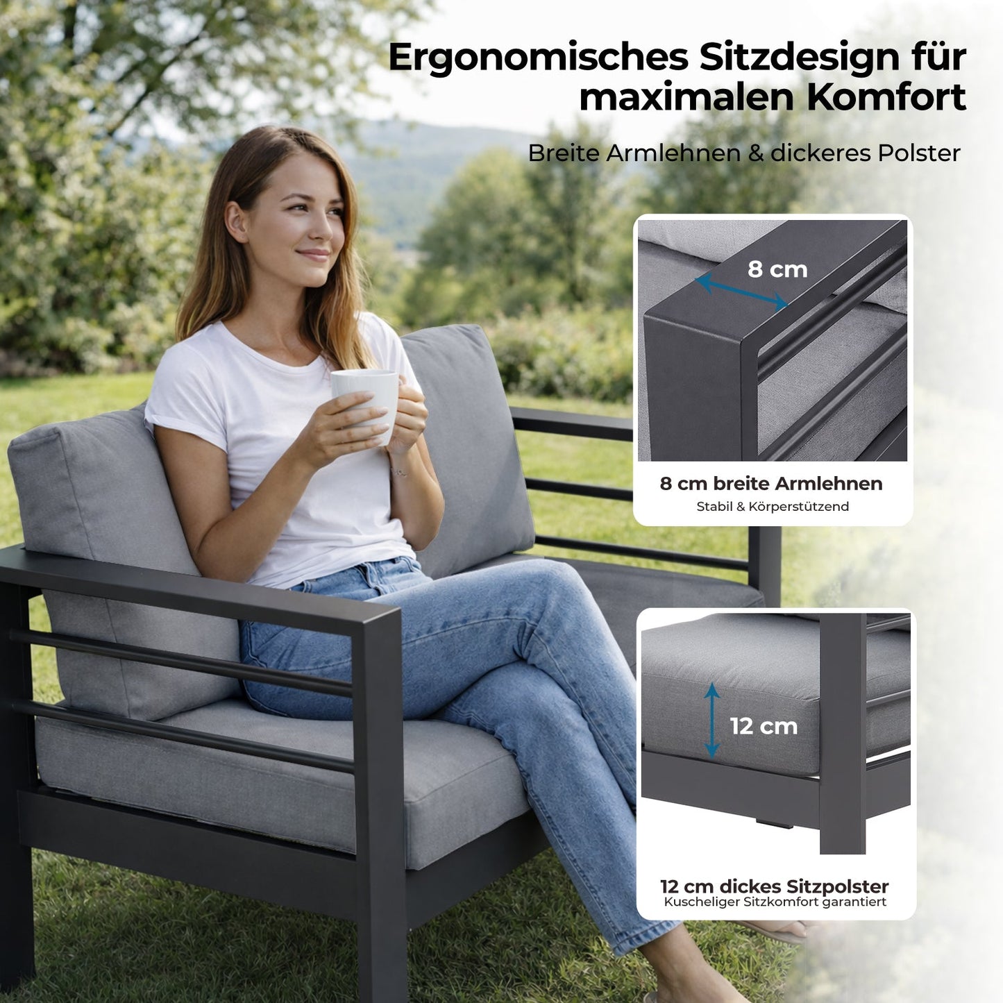 MEXO Gartenlounge - Set Gartenmöbel Set Aluminium wetterfest 6 - 7 Personen (12cm Deluxe Relax - Sitzkissen, 5 - tlg., pflegeleichte Polywood - Tischplatte), outdoor Gartensofa mit Tisch, 8 cm breite Armlehne, Luxus Relax - MeXo - Home