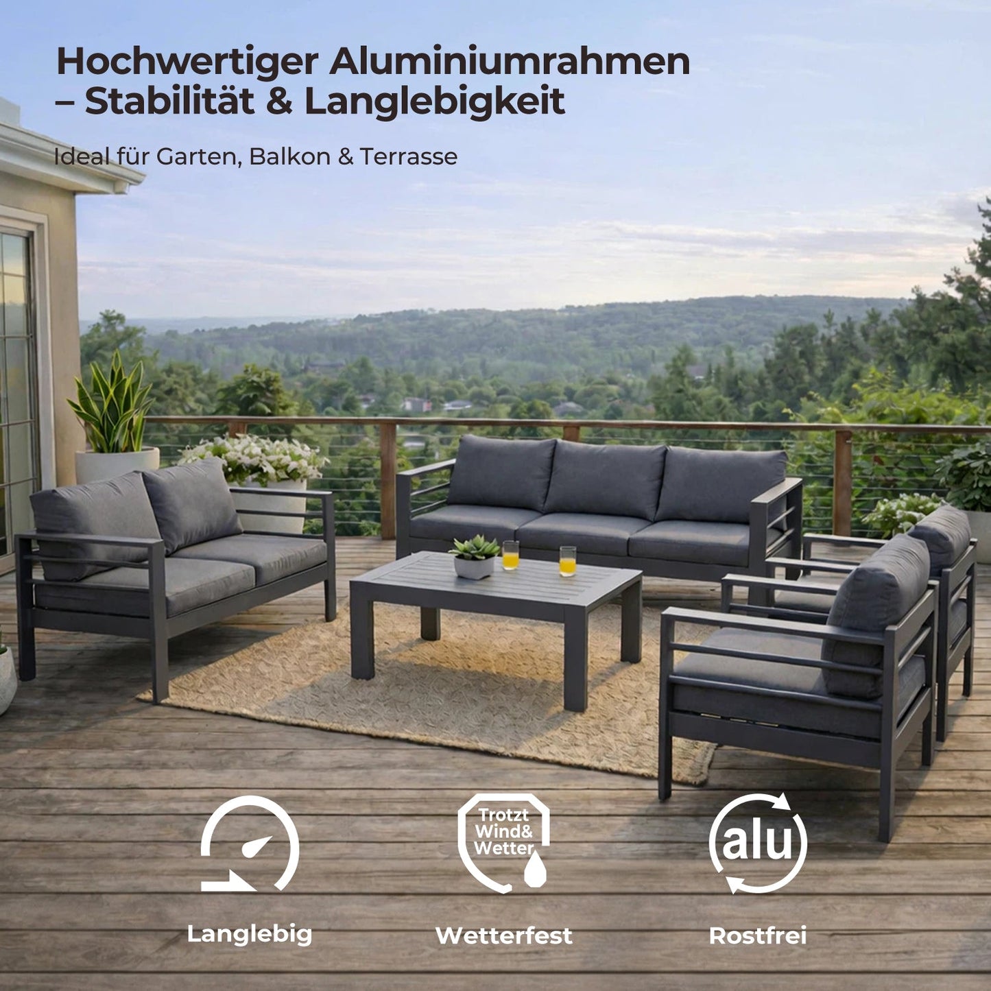 MEXO Gartenlounge - Set Gartenmöbel Set Aluminium wetterfest 6 - 7 Personen (12cm Deluxe Relax - Sitzkissen, 5 - tlg., pflegeleichte Polywood - Tischplatte), outdoor Gartensofa mit Tisch, 8 cm breite Armlehne, Luxus Relax - MeXo - Home