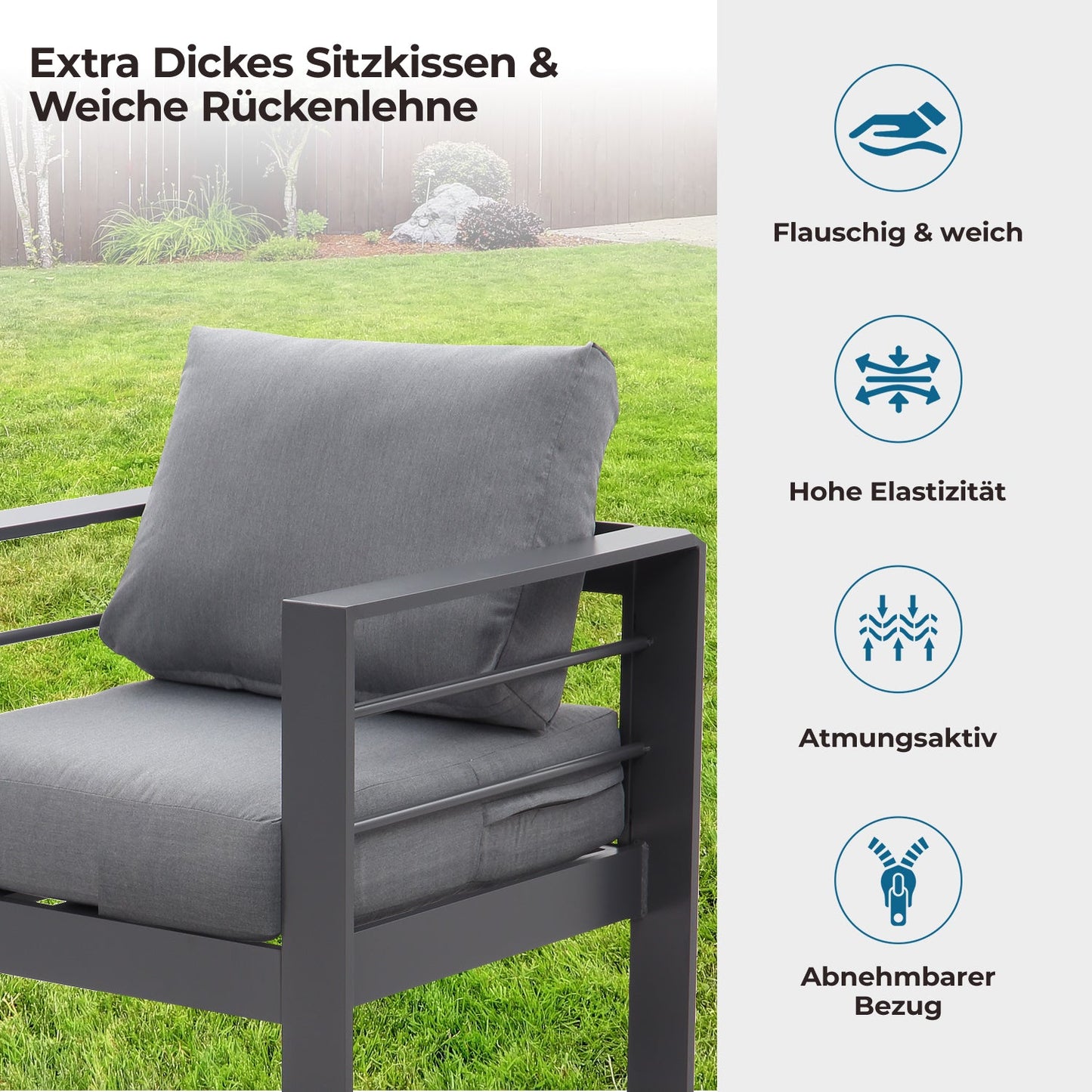 MEXO Gartenlounge - Set Gartenmöbel Set Aluminium wetterfest 6 - 7 Personen (12cm Deluxe Relax - Sitzkissen, 5 - tlg., pflegeleichte Polywood - Tischplatte), outdoor Gartensofa mit Tisch, 8 cm breite Armlehne, Luxus Relax - MeXo - Home