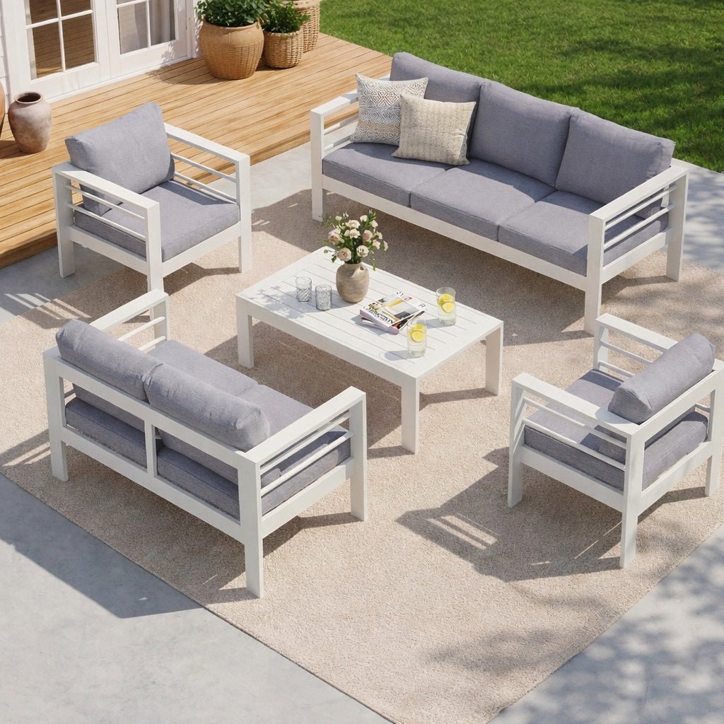 MEXO Gartenlounge - Set Gartenmöbel Set Aluminium wetterfest 6 - 7 Personen (12cm Deluxe Relax - Sitzkissen, 5 - tlg., pflegeleichte Polywood - Tischplatte), outdoor Gartensofa mit Tisch, 8 cm breite Armlehne, Luxus Relax - MeXo - Home