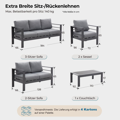 MEXO Gartenlounge - Set Gartenmöbel Set Aluminium wetterfest 6 - 7 Personen (12cm Deluxe Relax - Sitzkissen, 5 - tlg., pflegeleichte Polywood - Tischplatte), outdoor Gartensofa mit Tisch, 8 cm breite Armlehne, Luxus Relax - MeXo - Home